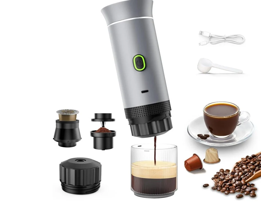 3-in-1 Portable Coffee Maker, Mini Travel Coffee Maker, Auto Heat Car Coffee Maker with USB-C, Small Espresso Machine with Ground Coffee and Capsules (NS & DG) for RV, Hiking,