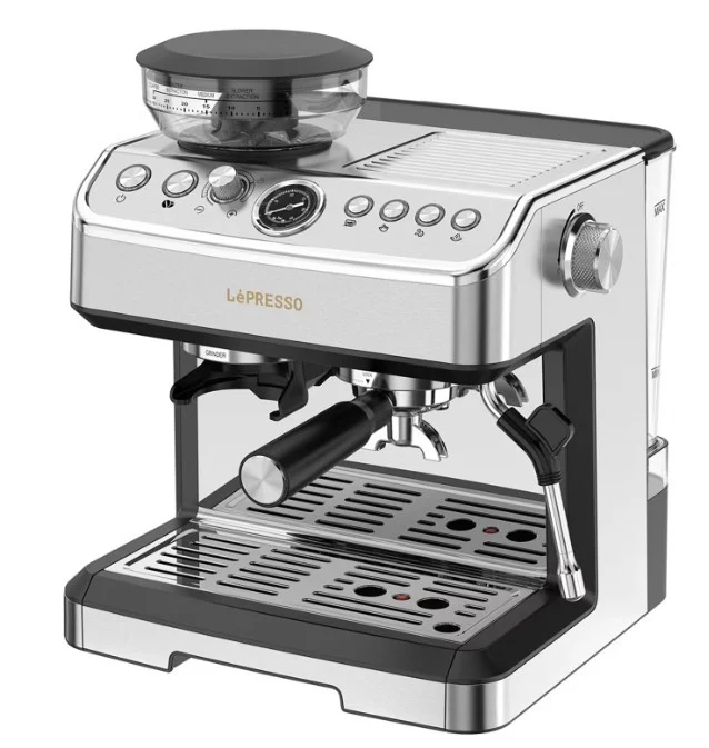 LePresso Dual Boiler Espresso Machine with Conical Grinder & Steamer Functions, 2.8L Water Tank Capacity, 2300W Heating Power, Hot Water Dispenser - Silver