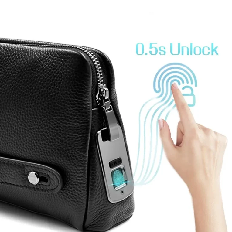Fingerprint Lock Genuine Leather Finger Unlock Underarm Strap Bag Men Envelope Bag Clutch Handbag for Man