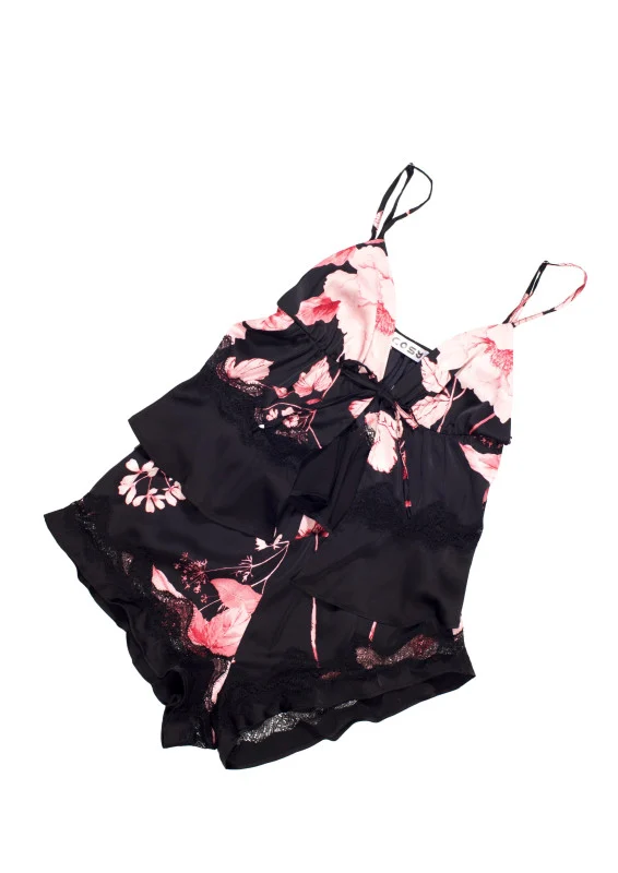 BeCosy satin shorts PJ set in black and pink floral print