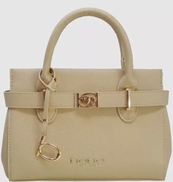 Bebe Evie Small Beige Satchel Top Handle Hand Bag Tote Purse