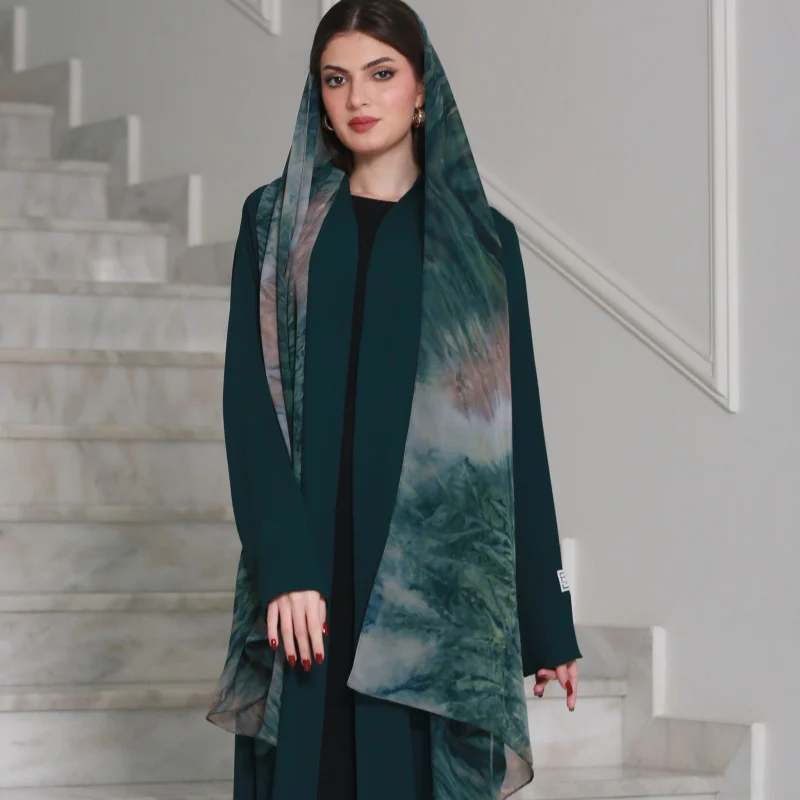 Forest Green Abaya with Artistic Scarf