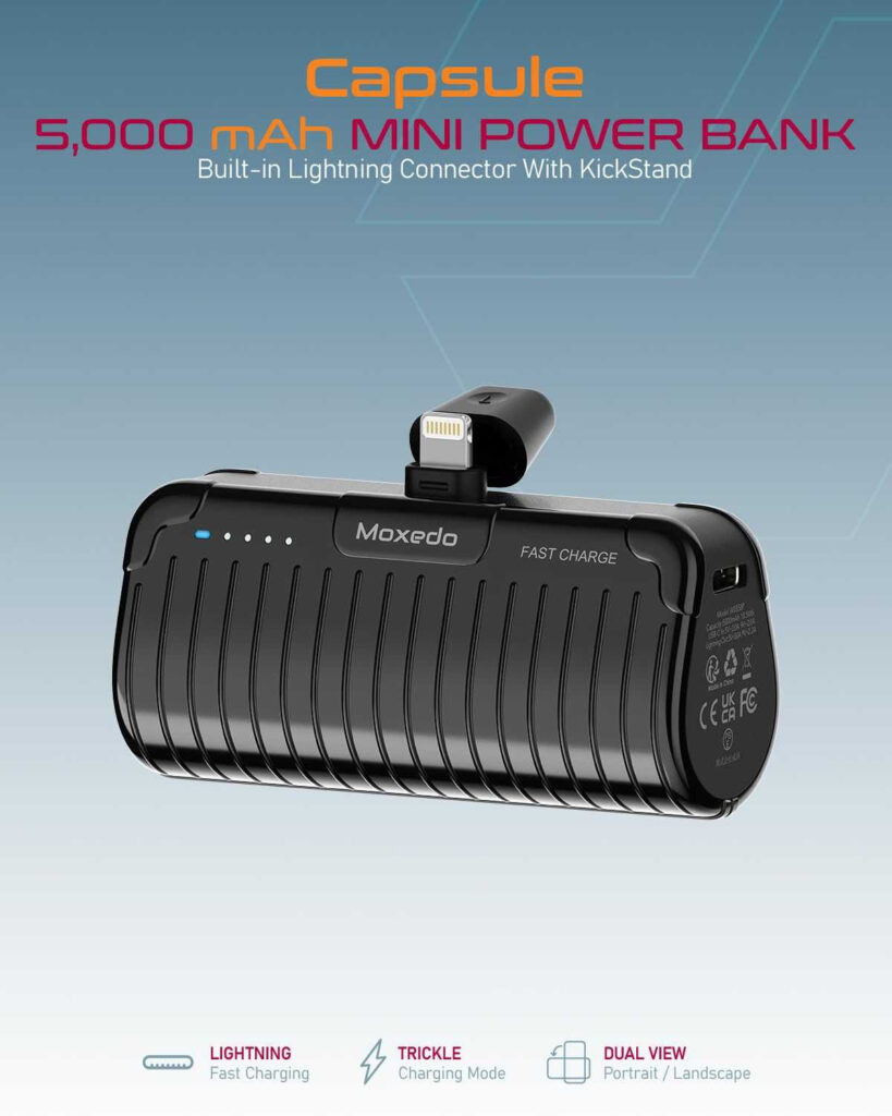 Moxedo Capsule 5000 mAh Mini Power Bank 20W PD Fast Charging Portable Charger with Built-in Lightning