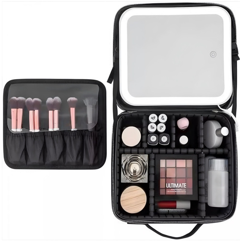 شنطة تنظيم المكياج للسفر مع مرآة مضيئة وستة فواصلTravel Makeup Organizer Bag with LED Mirror and Six Dividers