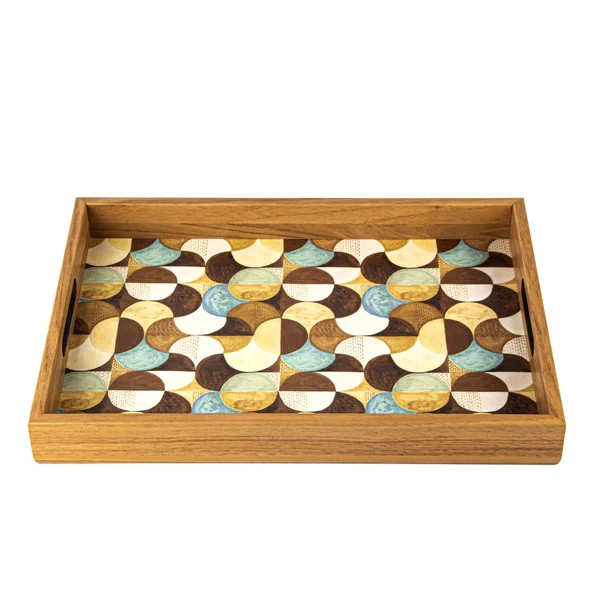 Handcrafted Wooden Tray with Art Deco Turquoise Design