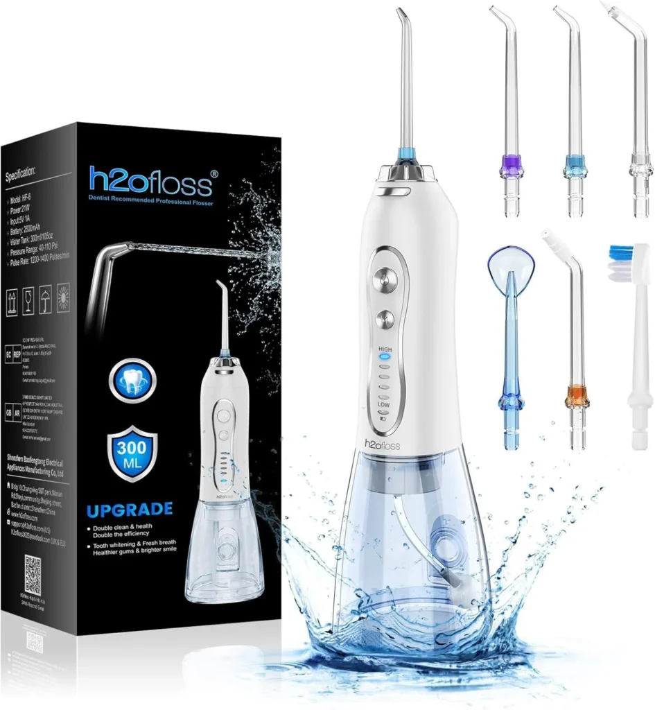 H2ofloss Portable Oral Irrigator Cordless Professional Oral Irrigator - Rechargeable Dental Irrigator, IPX7 Waterproof, 300 ML Tank, for Home and Travel (HF-6)