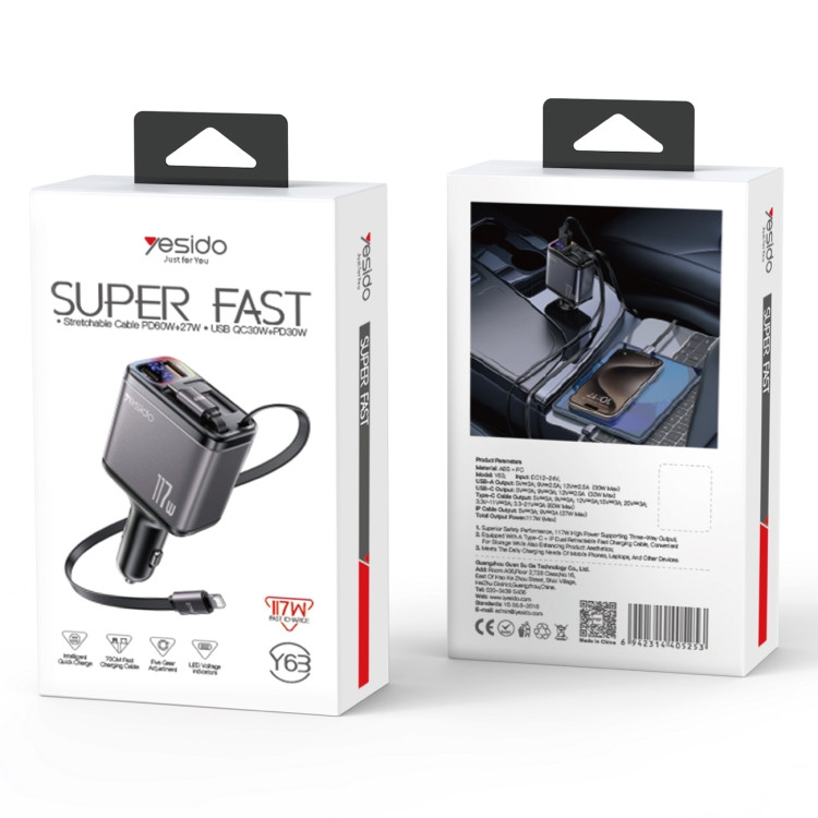 Yesido Y63 4 in 1 117W USB-C / Type-C+USB Multifunctional Retractable Dual Line Digital Display Car Fast Charger(Black)