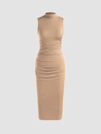 Beige High Neck Midi Dress
