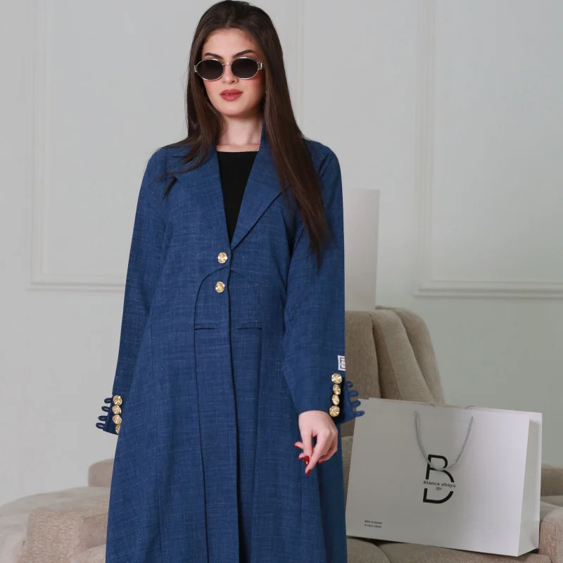 Elegant Denim Blue Abaya with Gold Button Details