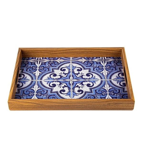 Wooden Tray with printed designs-Blue Mosaic