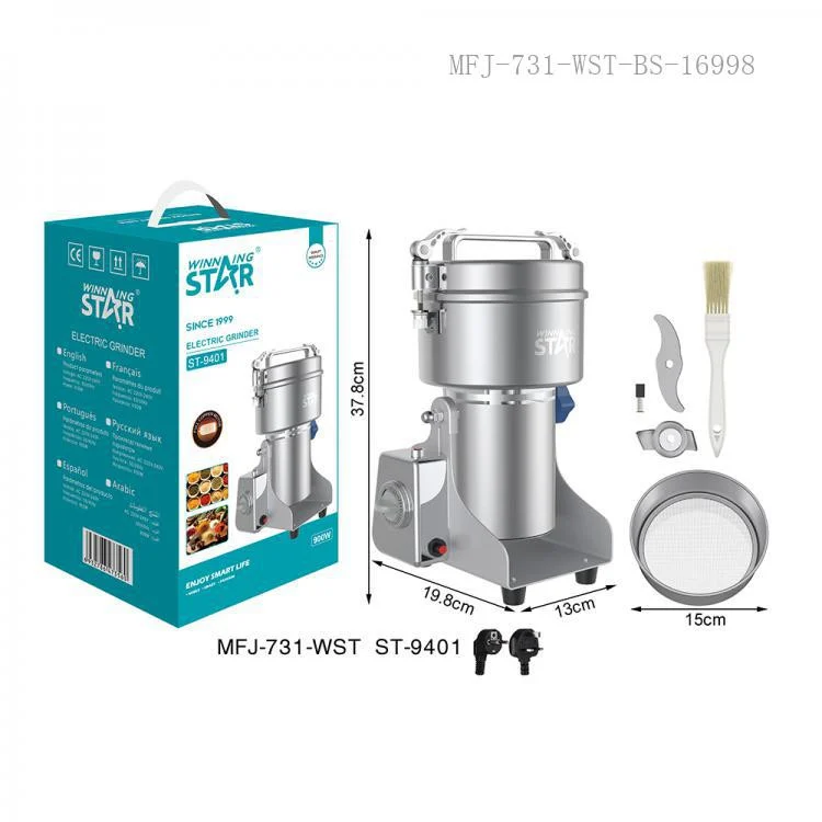 ST-9401 New Arrival WINNING STAR 900W 500g Electric Grain Grinder Spice Herb Mill with 25000RPM Copper Motor 430# Stainless Steel 6-Blade/ Lid/ Grinding Cup/ Strainer Timer Overload Protection Power I