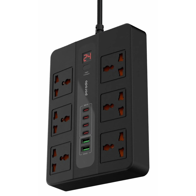 توصيلة كهرباء من بورودو مع ٦ بلكات و  ٦ منافذ يو اس بي / مع ميزة الاغلاق الذاتيPorodo 6 Sockets Hub / 4 USB-C / 2 USB-A Power Super Hub
