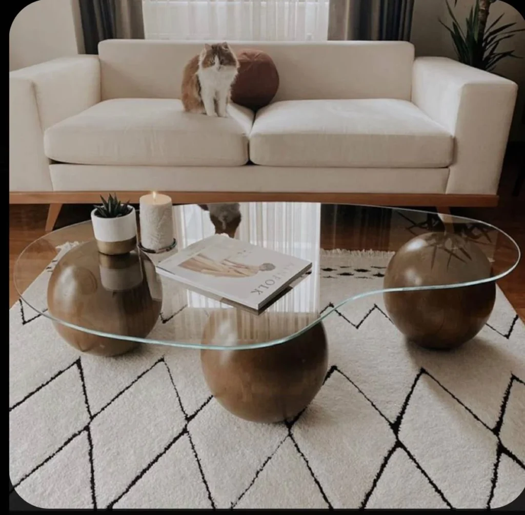 Solid wood decorative ball table in natural colour glass surface