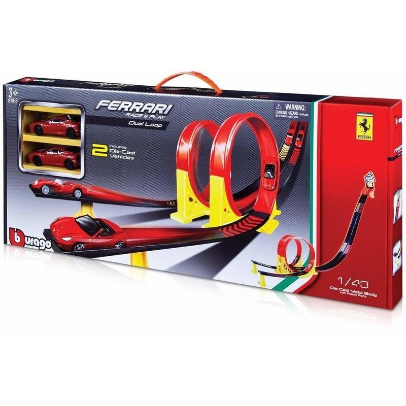 Bburago 18-31216 1/43 Ferrari Race & Play Dual Loop Playset, Includes 2 Cars, 47531216