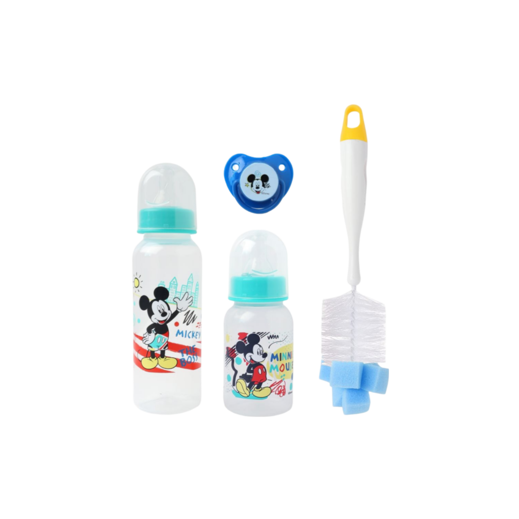 Disney - Baby Feeding 4 Pcs Gift Pack, 0+ Months - Mickey Mouse (Bpa Free  1 Bottle 9Oz, 1 Bottle 5Oz, 1 Bottle Brush And 1 Soother.)