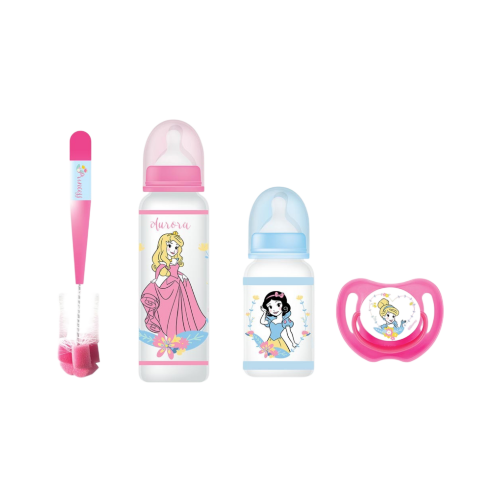 Disney - Baby Feeding 4 Pcs Gift Pack, 0+ Months - Princess (Bpa Free  1 Bottle 9Oz, 1 Bottle 5Oz, 1 Bottle Brush And 1 Soother.)
