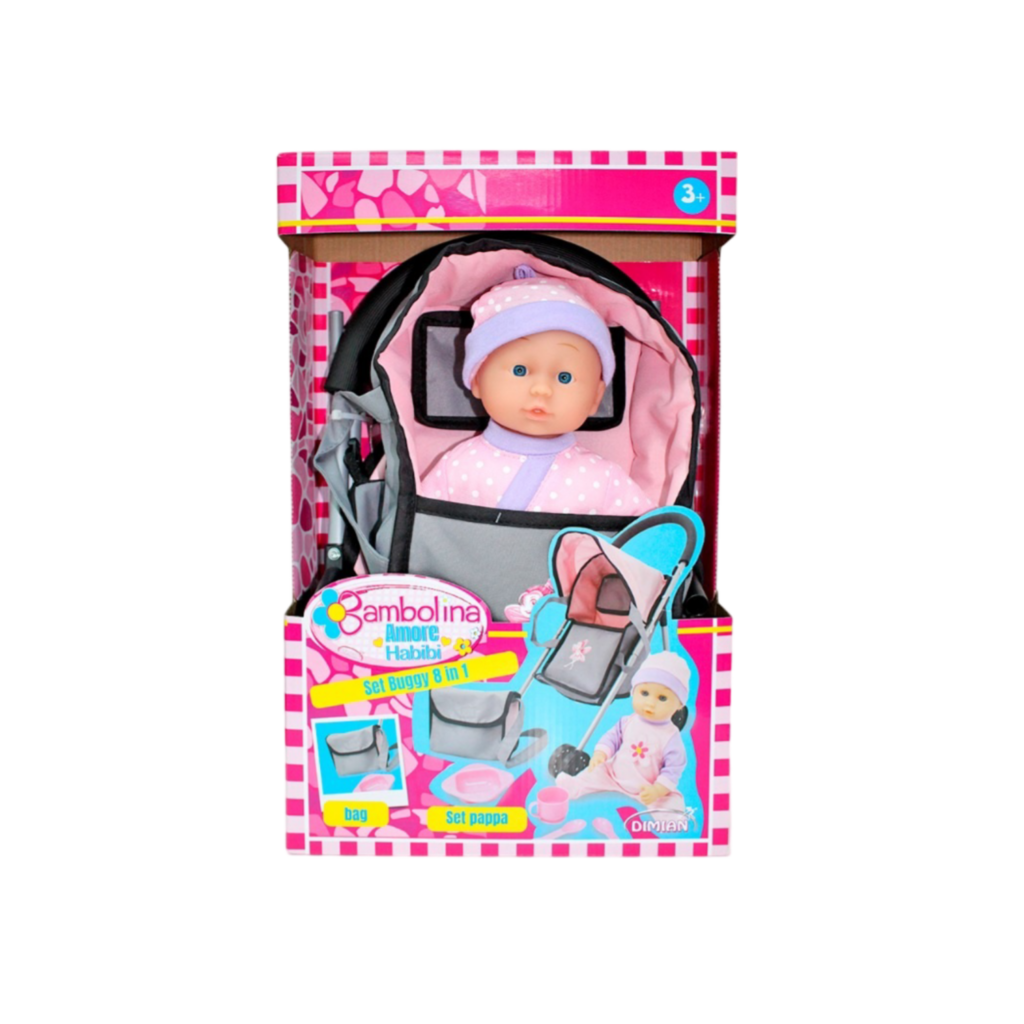 Bambolina Set Buggy 8 In 1 With 29Cm Doll + Carrier Bag + Handbag + 4Pcs Accessories