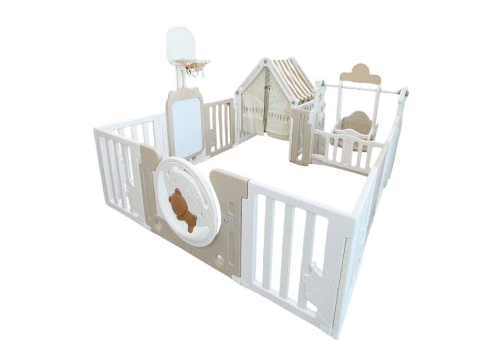 Little Toddlers Bear Moon Playpen (No Mat) With Drawing Board, Basketball Hoop, Small House, Swing And Moon Light -150Cm X 180Cm X 64Cm