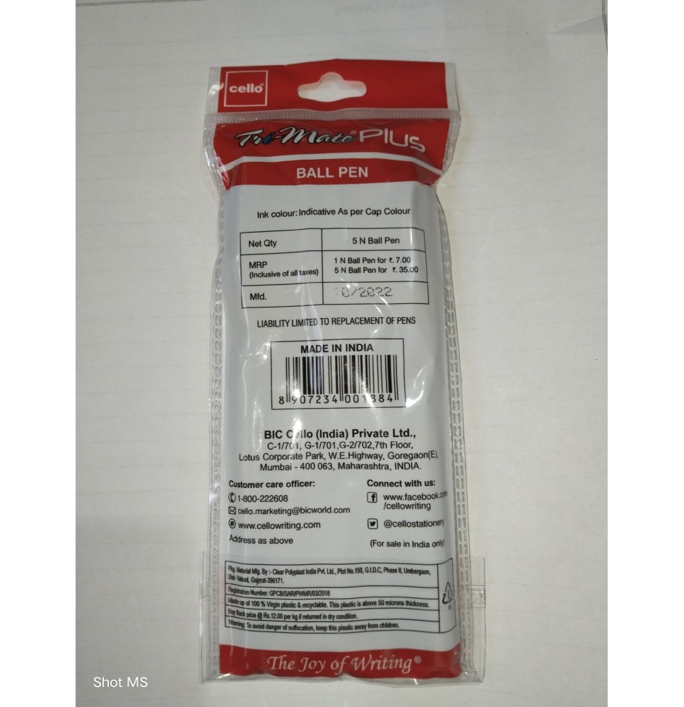 Cello Tri-Plus Ball Point Pen 5Pcs
