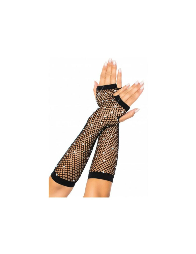Rhinestone fishnet arm warmers - Black