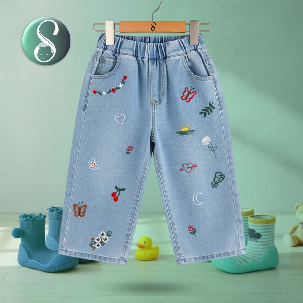 Baby Toddler Animal Plant Embroidered Denim Pants (Plants)
