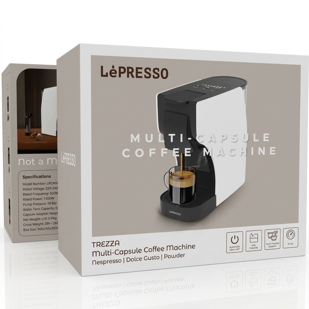 LePresso Trezza Multi-Capsule Coffee Machine with 1350W Rated Power, 1L Water Tank Capacity, 20 Bar Pump Pressure, 220-240V Rated Voltage, Automatic Shutdown - White