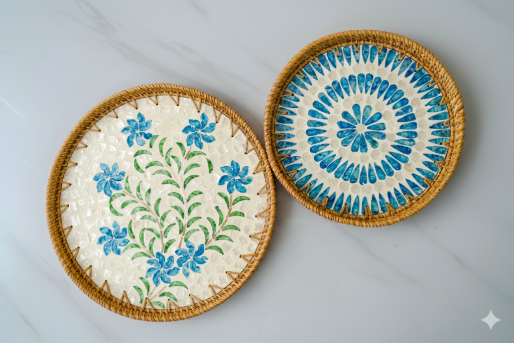 Mother-of-Pearl Floral Round Tray Set